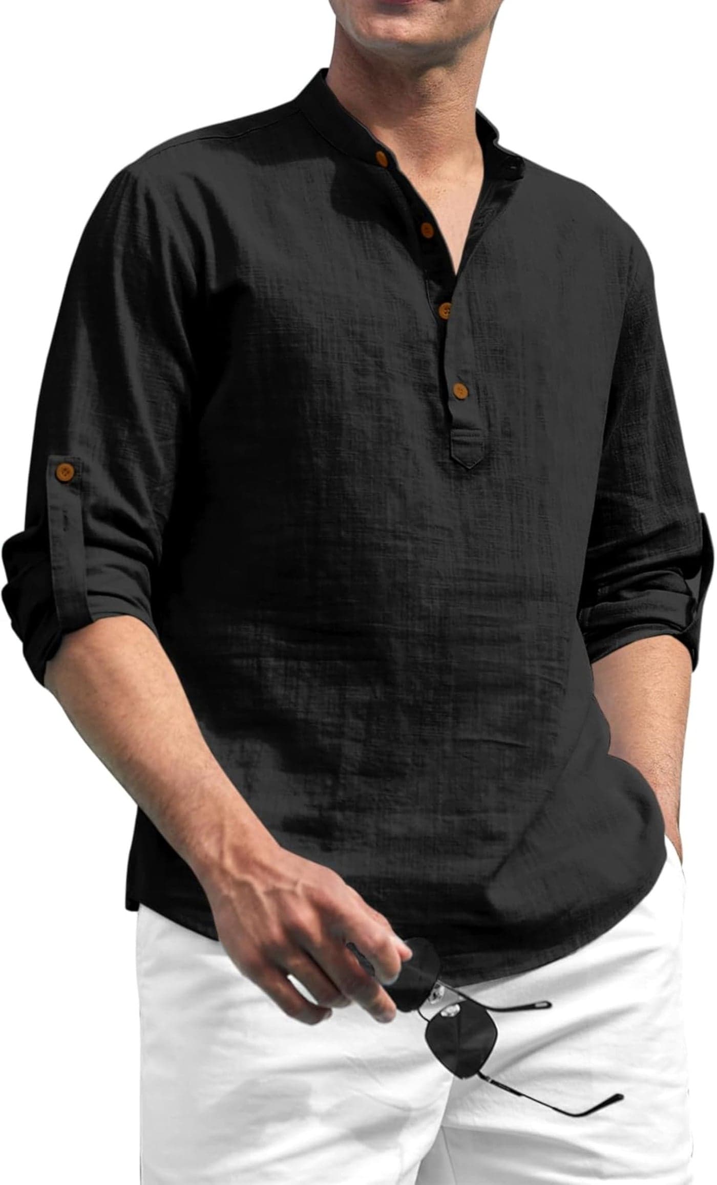 Zombom Cotton Polyester Blend Solid Casual Regular Fit Mandarin/Chinese Collor Short Kurta for Men Black