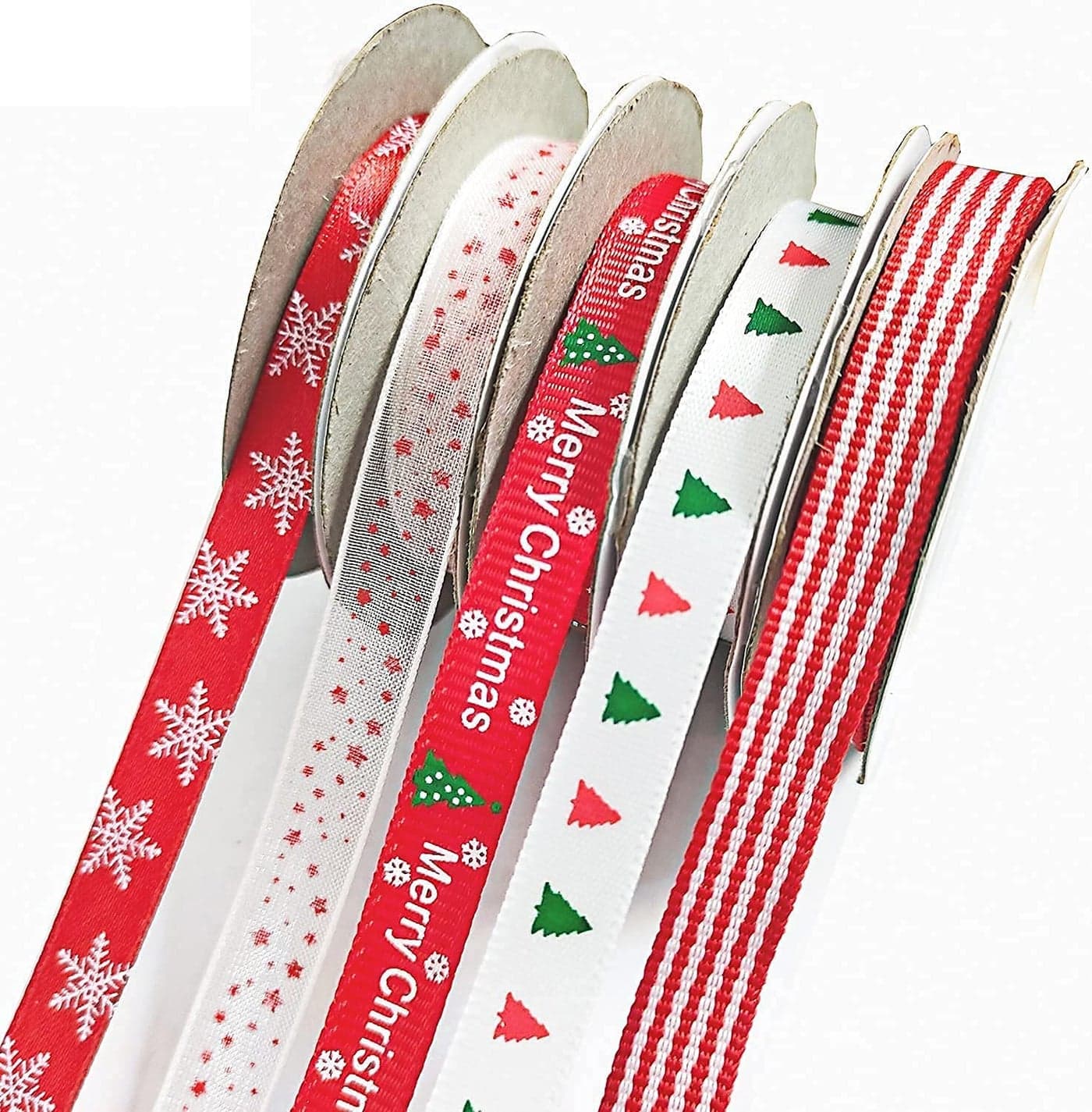 Christmas Ribbons 5 Rolls Christmas Grosgrain Ribbons Bundle Xmas Ribbon of 5 Patterns Double Faced Satin Polyester Xmas Ribbon for Gift Wrapping Wedding Party 5mRoll Width 10mm