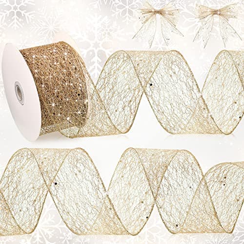 Geosar 1 Roll Gold Mesh Glitter Ribbon 25 Inch x 20 Yard Christmas Glitter Sheer Metallic Wired Ribbon for Home Party Gift Wrapping Wreath DIY Crafts Xmas Tree Decor