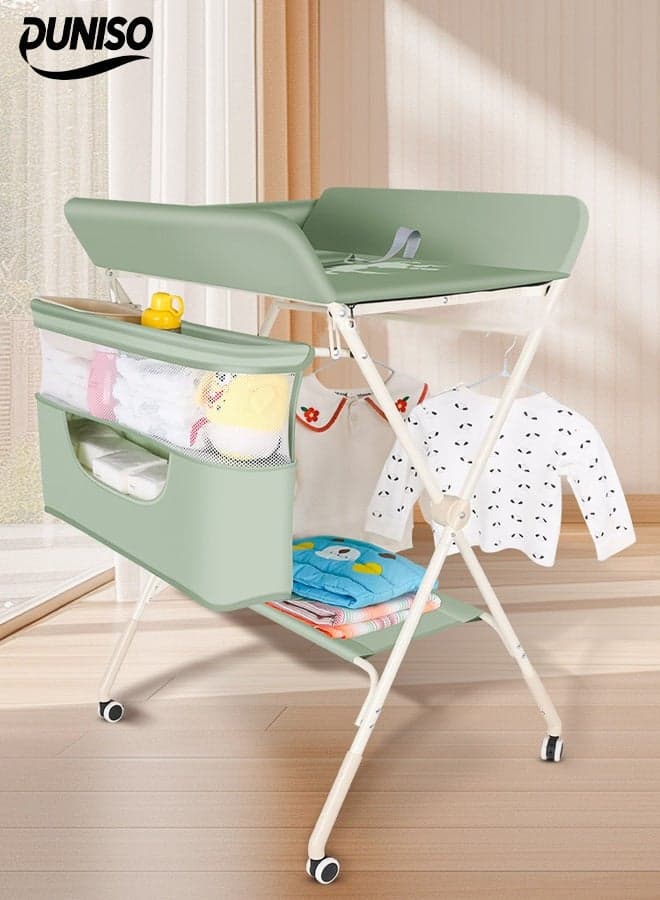 Foldable Baby Changing Station,Multi Functional Baby Care Table,Adjustable Height,With Safety Belt,Silent Wheel And Storage Basket,Stable And Durable,For Nursery Room Bedroom Bathroom
