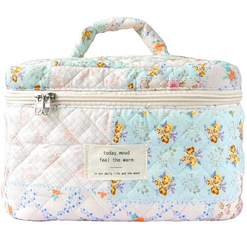 Sminra Makeup Bag Large Travel Quilted Cosmetic Makeup Bag Organizer Floral Cotton Coquette Aesthetic Toiletry Bag for Women Girls Blue Floral CollageL
