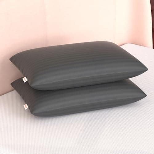 HAUSWAY Soft Pillows for Sleeping | Microfiber Thin Pillows for Sleeping with Adjustable Height | Soft & Supportive with 6-Month Warranty | 41x61 cm Grey Stripe, Washable Cover | Pillows Set 2