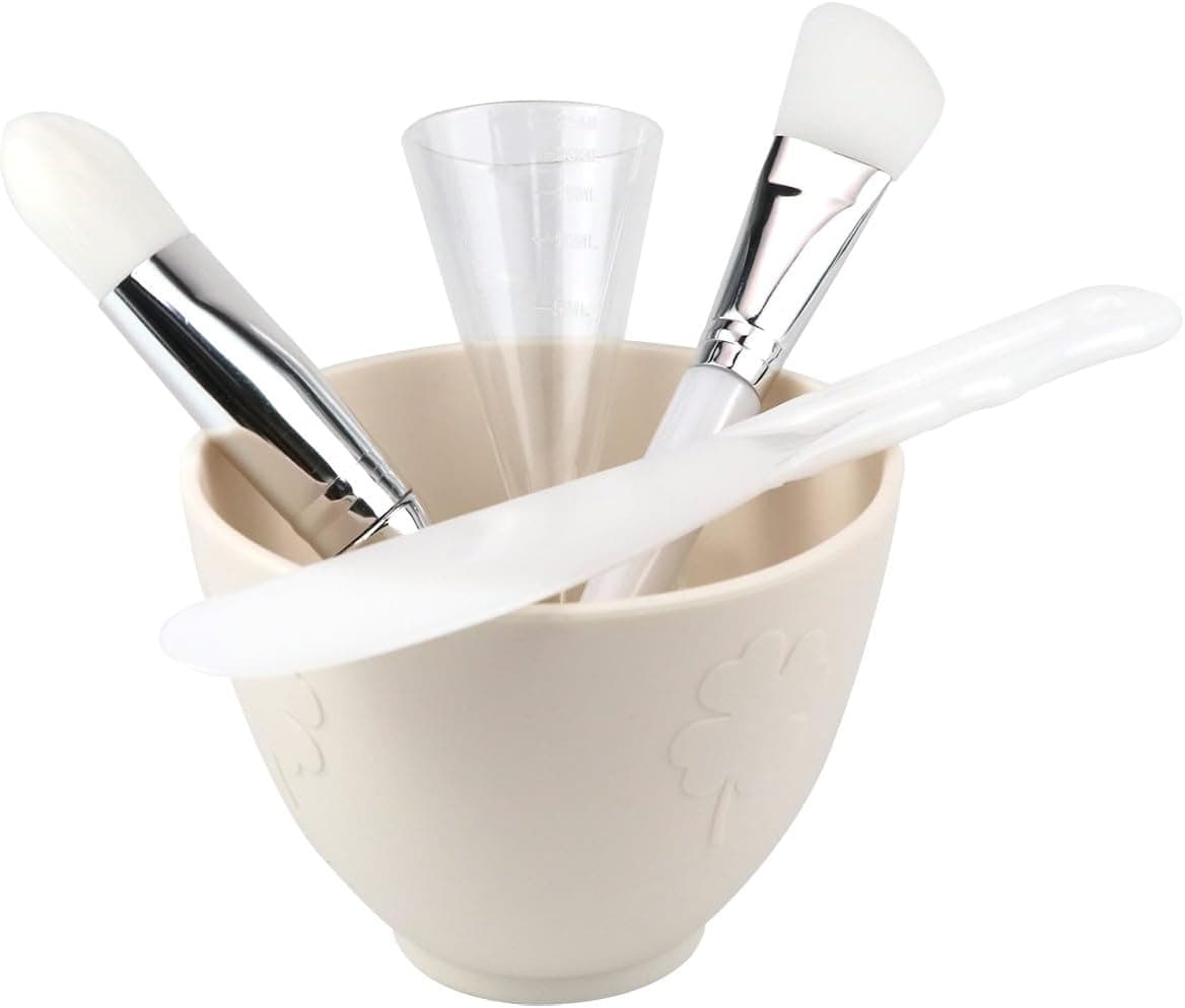 Silicone Face Mask Mixing Bowl Set 5 Pcs DIY Mask Tool Kit with Brush applicator Measuring Cup Stirring Rod for Face Cures Beige