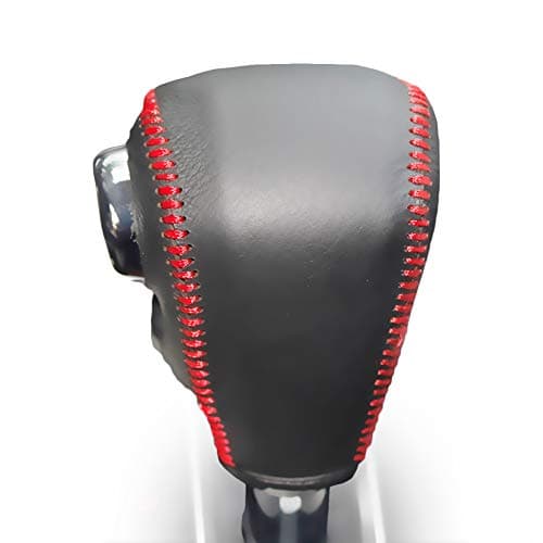JI Loncky Black Genuine Leather Gear Shift Knob Cover for Honda CRV 2012 2013 2014 Automatic Accessories (Black Leather,Red Thread)