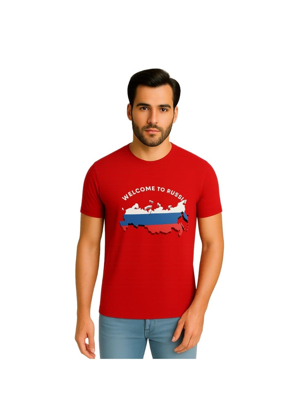 Russia Men’s T-Shirt–Soft Cotton Round Neck Short Sleeve–“Welcome To Russia” Printed Design–Comfortable Tee For Travel, Russia Fans&Casual Wear