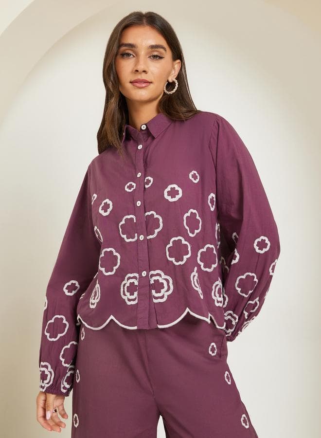 Women Purple Embroidered Long Sleeve Shirt