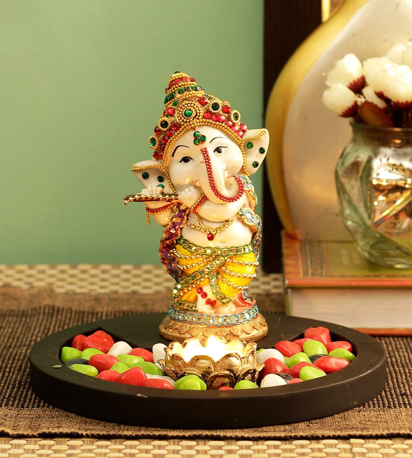 TIED RIBBONS Ganesha Idol Playing Bansuri with Wooden Flower Tealight Candle Holder Statue Showpiece - Decoration Items for Home Decor Mandir Living Room Pooja Room Office Table Gifts