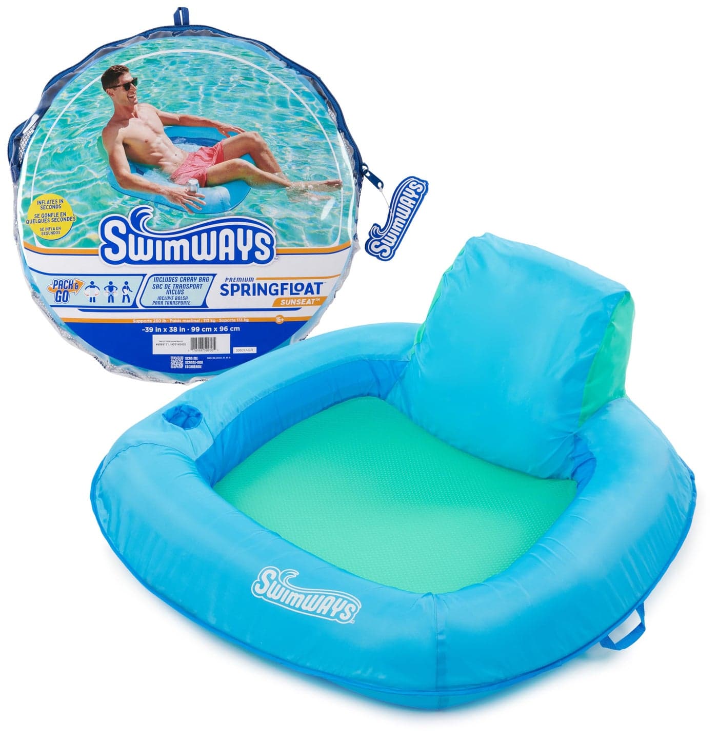 SwimWays Spring Float Premium SunSeat Pool Chairs for Swimming Pool, Inflatable Pool Floats Adult with Fast Inflation for Ages 15 & Up, Sky Blue