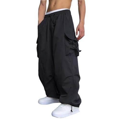 WZIKAI Men's Baggy Cargo Pants Casual Parachute Cargo Pants Loose Fit Hip Hop Harem Pants with Pockets Black XXL