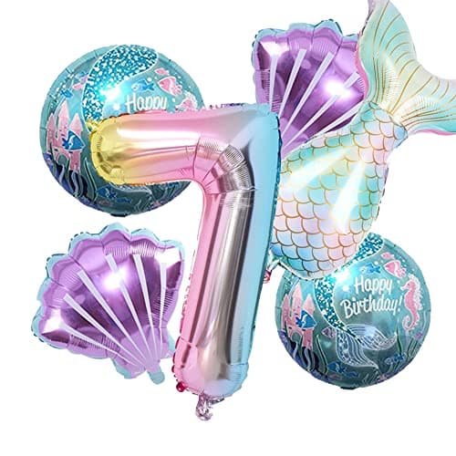 Mermaid Birthday Decoration Kit with Balloons Foil Mermaid Tail Balloons for Girls Party Number 7