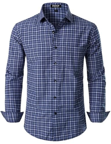 JEMITOP Men's Transitional Weather Long Sleeve Slim Fit Button Down Shirts Business Casual Button up Plaid Dress Shirt Dark Blue Gingham XXXL