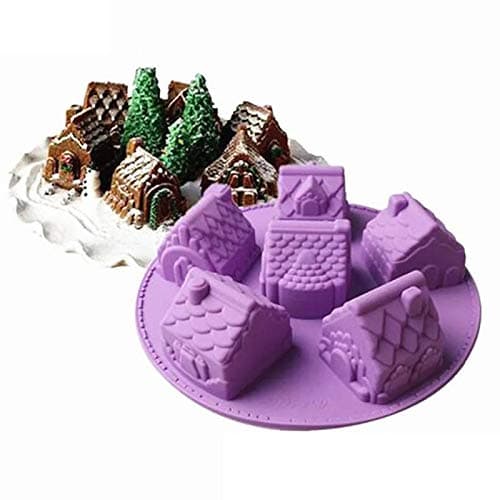 Joyeee 1 Pack House Shape Silicone Mold, 10.2'' Non-stick Cozy Village Baking Pan, 6 Cavity Cottage Villa Soap Mold, Christmas Gingerbread House Cake Molds for Brownies Jelly Pudding Cupcake Ice-cream