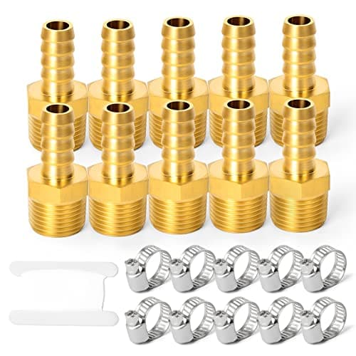 TAISHER 10 PCS Brass of Hose Barb Fittings 3/8"(9.5mm) Barb x 1/4" MNPT Pipe Adapter Air Hose Fitting with 10 PCS Hose Clamp