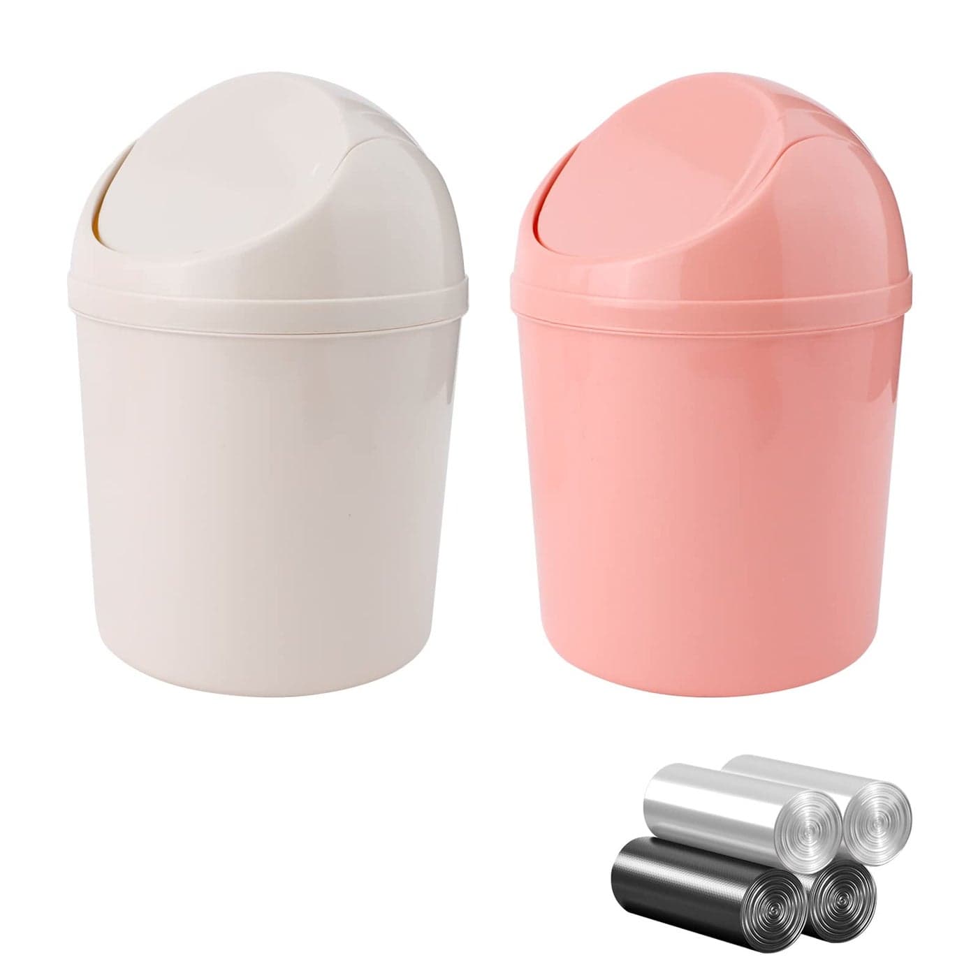 SITAKE 2 Pcs Plastic Mini Wastebasket Trash Can with Swing Lid with 120 Trash Bags Tiny Desktop Waste Garbage Bin for Home Office Kitchen Vanity Tabletop Bedroom Bathroom Pink Beige