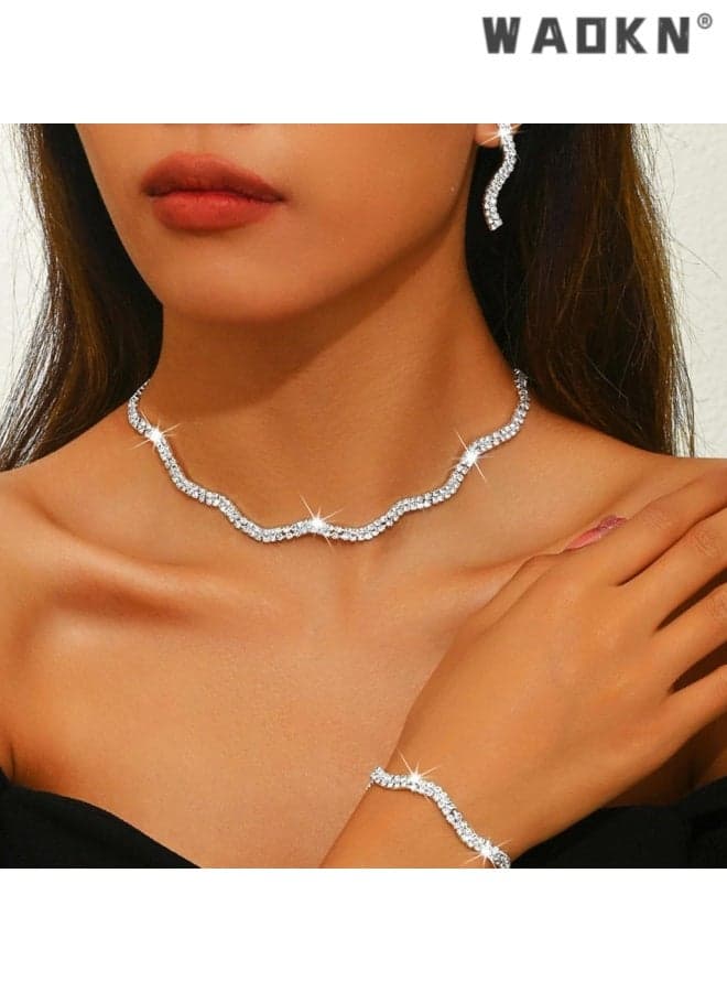 3pcs Rhinestones Bridal Wedding Jewelry Set , Choker Necklaces Earrings Bracelet Sets Prom Jewelry for Women and Brides , suitable for women , suitable for daily , shopping , appointment , abd wedding , silver.