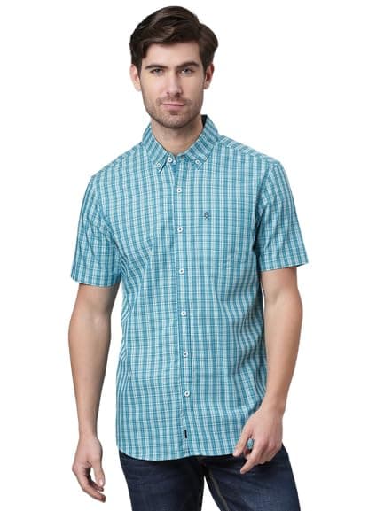 Thomas Scott Mens | Short Sleeve | Checks Printed | Regular Fit | 100% Cotton | Button Down Collar | Casual | Shirt (Jade Green_2XL)