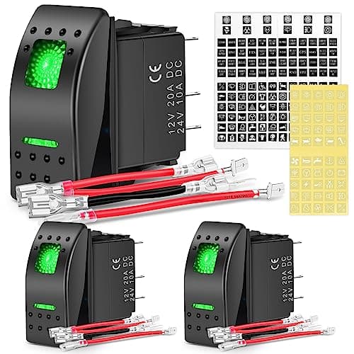 Nilight 3 Pack Rocker Switch with Night Glow DIY Stickers On Off 5 PIN SPST LED Light Switches with Green Backlit 12V/24V Toggle for Cars Trucks RVs Boats Auto Motorcycles