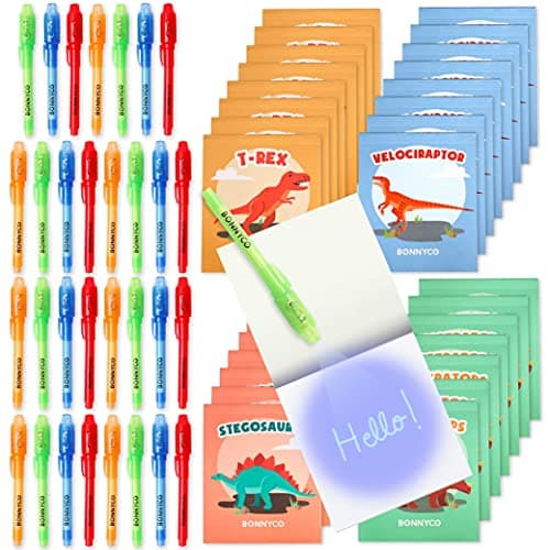 BONNYCO Invisible Ink Pen and Notebook Pack 32 Dinosaur Party Favors for Kids Magic Spy Pen Goodie Bags Stuffers for Kids Dinosaur Birthday Party Supplies Goody Bag Stuffers Return Gifts Prizes