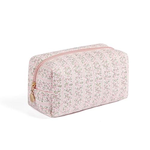 WHHJM Cute Floral Makeup Bag Small Cotton Quilted Cosmetic Bag, Aesthetic Essential Bag Emergency Bag Gift for Women Girls Travel Accessories (Pink Floral)