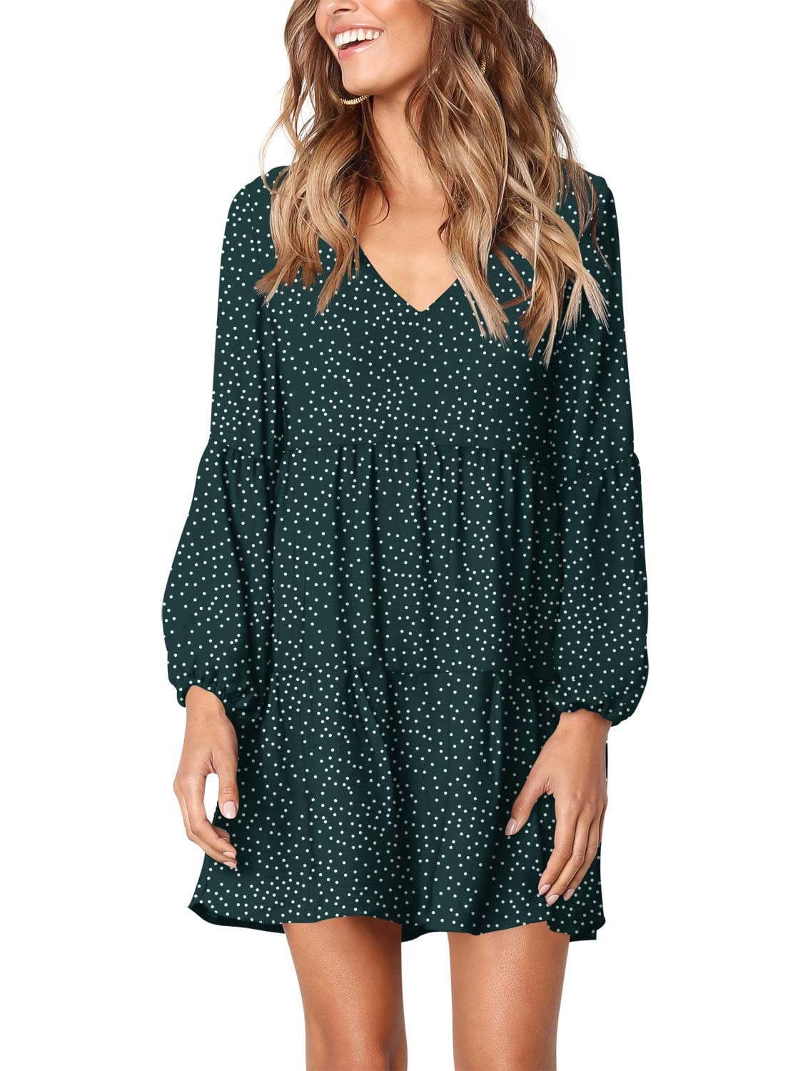 Amoretu Womens Casual V Neck Long Sleeve Ruffle Swing Tunic Dress Polka Dot, Summer, Fall, 2025 (Green, XXL)