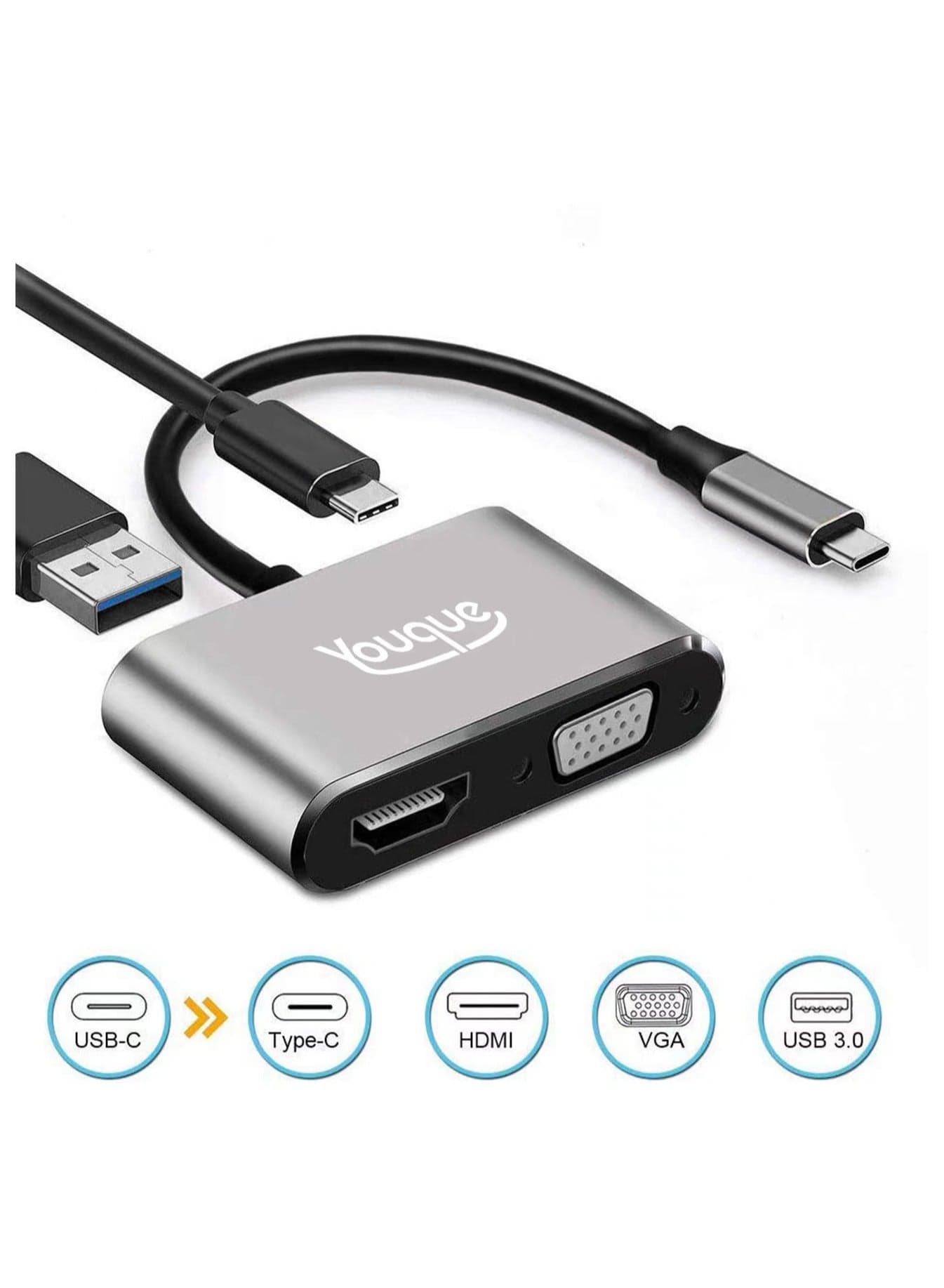 4 in 1 USB-C To VGA, HDMI, 3.0 USB and Type-C Adapter Grey
