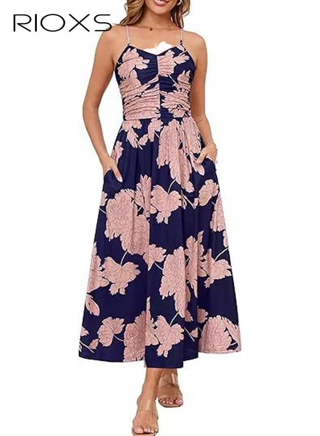 Women's Sleeveless V Neck Floral Maxi Dress, Flowy High Waist A-line Ruched Dress with Adjustable Spaghetti Strap, Summer Casual Breathable Beach Long Dress with Pockets, Suitable for Beach, Vacation, Party, Dating, Shopping, Office and More