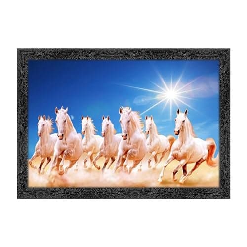 Dharvika Innovations ® Seven Horses Vastu Painting with Frame/Vastu Seven Running Horses/home decor items for living room (14x20 Inch, Design 20) (Design 11, Black Frame)