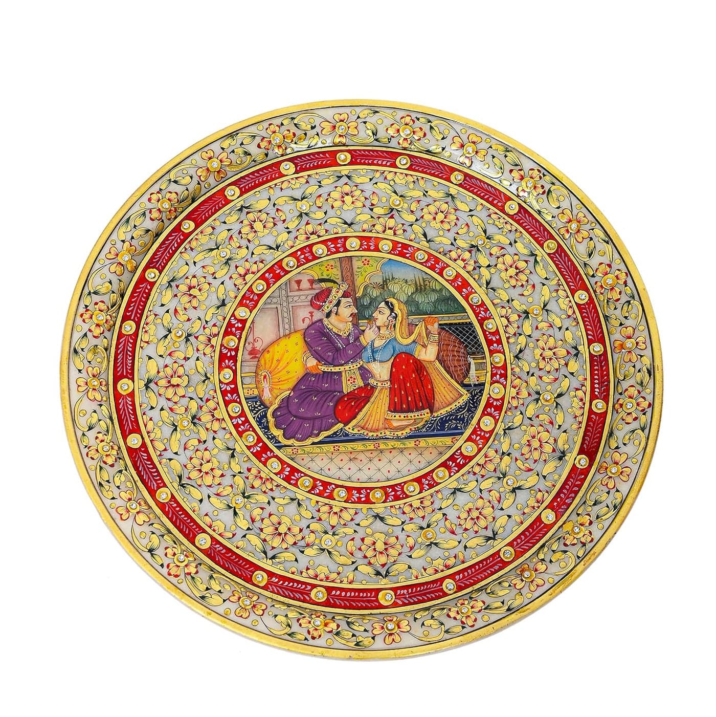 ARTS CRAFTS MARBLE 24 CRTS GOLD HAND PAINTED PLATE MULTI COLOUR FINE WORK 2 FIGURES MUGHAL LOVE POTRAIT FLORAL BORDER