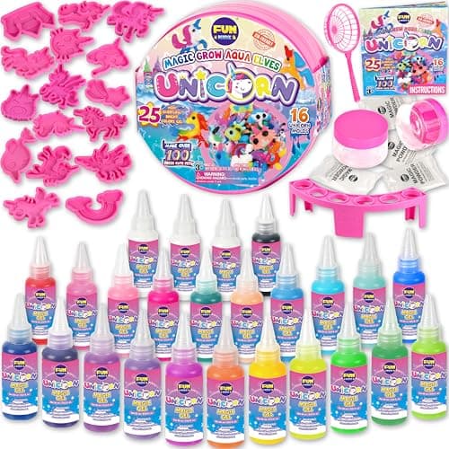 Unicorn Magic Grow Aqua Elves Kit FunKidz Magical Water Elf Toys for Kids with 25 Colors Gel 16 Unicorn Molds to Make Over 100 Water Pets Crafts for Girls Boys Ages 3