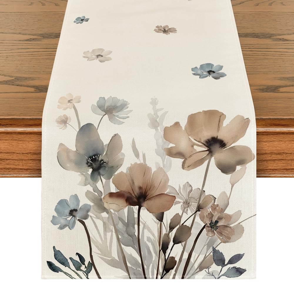 Artoid Mode Brown Poppy Floral Leaves Spring Table Runner Seasonal Summer Kitchen Dining Table Decoration for Home Party Decor 13x60 Inch