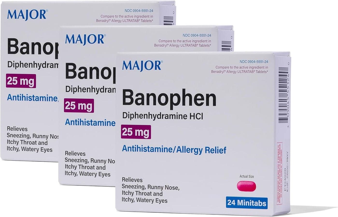 Banophen Diphenhydramine HCI 25 mg Minitabs Temporary Relief from The Symptoms of Hay Fever and Upper Respiratory Allergies Antihistamine Allergy Medicine 24 Count 3 Pack