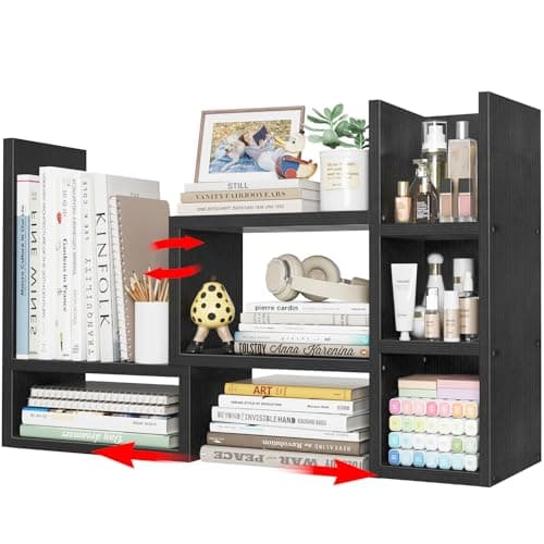 NUTIKAS Desk Shelves Desktop Organizer Shlef Black Office Organization for Top of Desk Organizers and Accessories Corner Bookshelf Table Top Shelving Small Hutch Decorations for Office