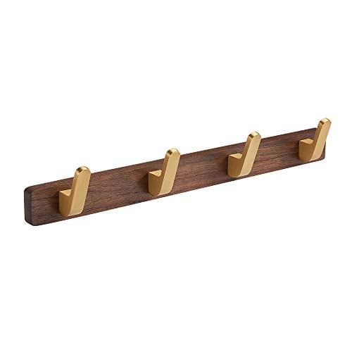 SARIHOSY Wall Mounted Coat Rack, Entryway Hanging Coat Rack, Metal Wood Coat Rail with 4 Rustic Hooks Rail for Coat, Scarf, Bag, Towel, Key, Cap, Hat, Walnut Gold Matt
