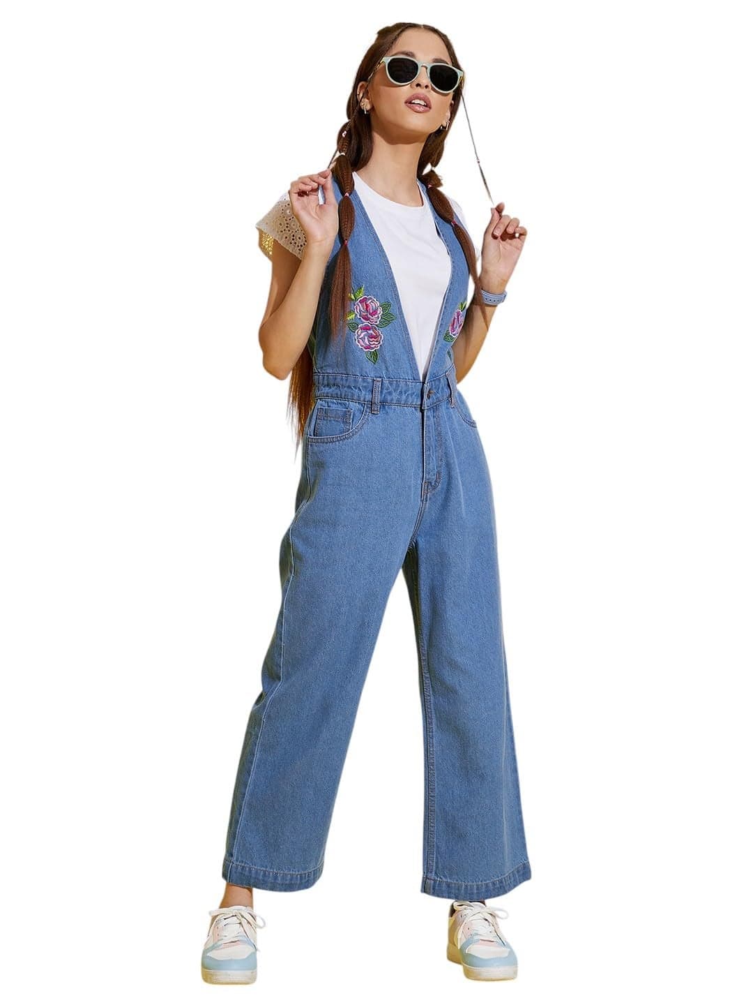 Ice Blue Embroidery Denim Jumpsuit