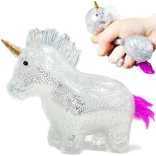 Unicorn Glitter Stress Ball Squishy Toys Stretchy Animal Squishy Stress Relief Balls for Kids Adults Squish Unicorn Sensory Squeeze Toys for Party Favors Easter Basket Stuffers Silver