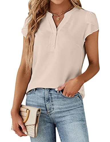 Blooming Jelly Women's Dressy Casual Tops Business Work Blouses 2025 Summer Button Down Shirts Cute Short Sleeve V Neck Outfit (Apricot,Large)