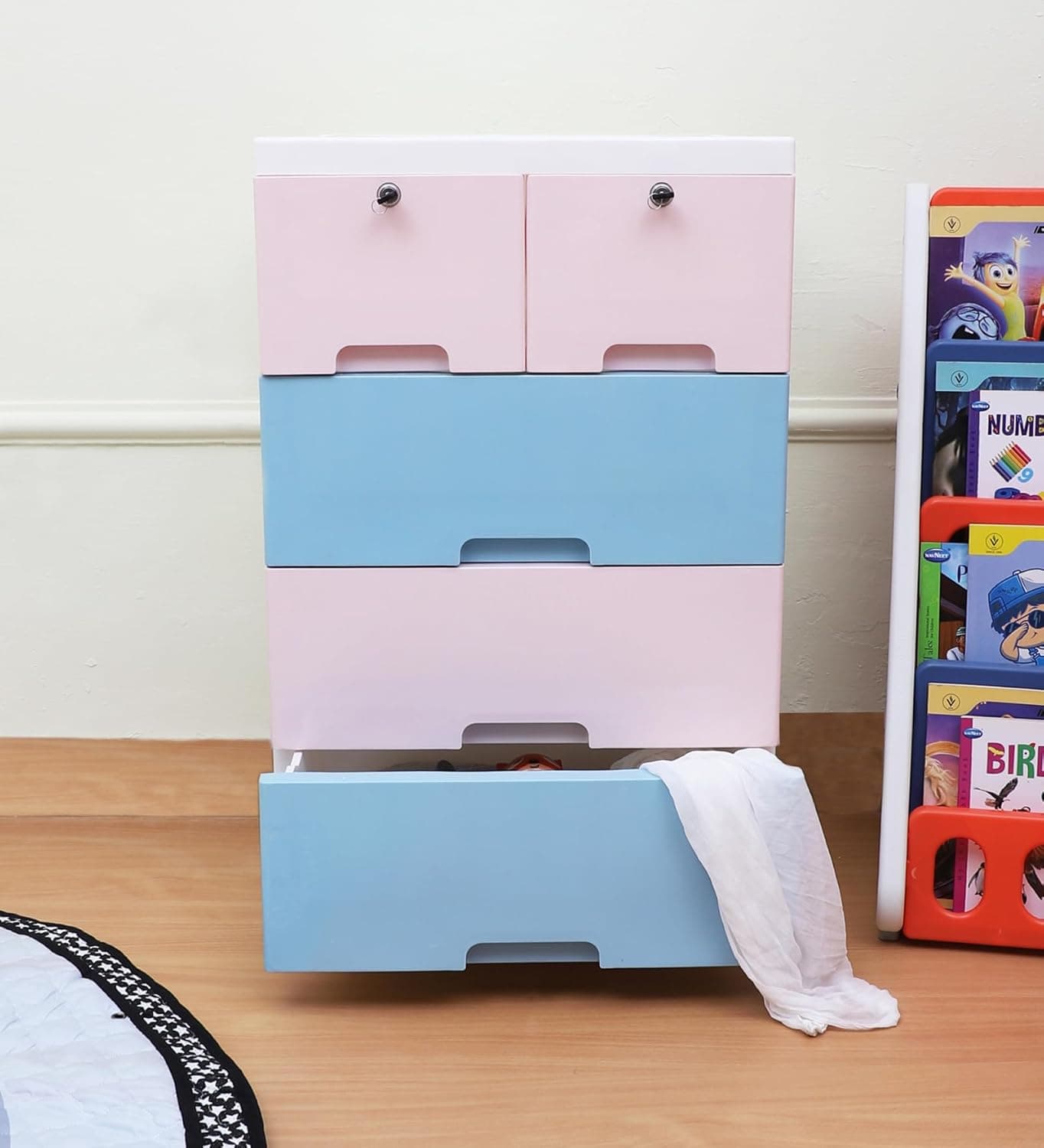 The Tickle Toe Plastic Chest of Drawer for Kids with 5 Drawers Multipurpose Organizer Dresser Storage for Small Clothing Toys with 2 Locks Portable Kids Cabinet L51xW33xH82Cm Blue Pink