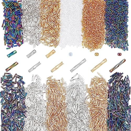 PH PandaHall 4300pcs Metallic Seed Beads 3 Colors Twisted Bugle Beads Round Seed Beads 6912mm Glass Long Tube Bead 2mm Pony Beads Craft Loose Spacer Beads for DIY Earrings Bracelets Jewelry Making
