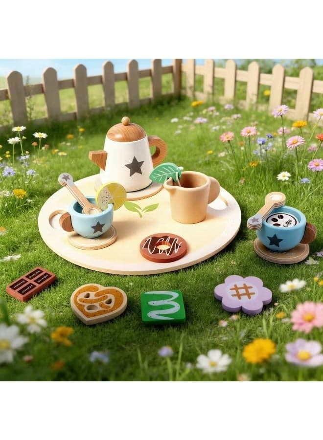 DOWMOO Wooden Tea Party Set for Toddlers, Pretend Play Afternoon Tea Toy with Teapot, Cups, Cookies & Tray, Montessori Kitchen Playset for Girls & Boys, Educational Gift for 3+ Years Old Kids
