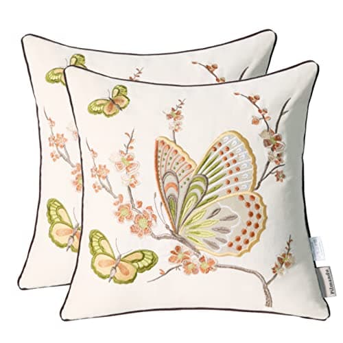 Pilmandu Set of 2 Embroidered Decorative Throw Pillow Covers Couch Square Pillowcases Cushion for Bedroom Sofa Farmhouse Decor 18x18 Inch (Brown Butterfly)