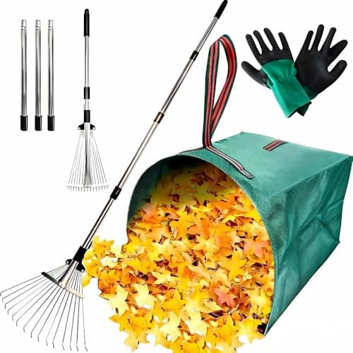 RISETEX Leaf Rake for Lawns with 53 Gallon DustpanType Leaf BagsHeavy Duty Metal Garden Yard Rake Long Handle with Expandable Head 714 for Gardening Outdoor Camping Shrub Grass Bush Weed