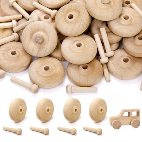 SOUJOY 72 Pack Wooden Toys Car Wheels and Sticks for Craft 15 x 12 Toy Vehicle Wheel Mini Axle and Wheel Set for DIY Toy Cars Models Painting Colors Wood Working Pegboards