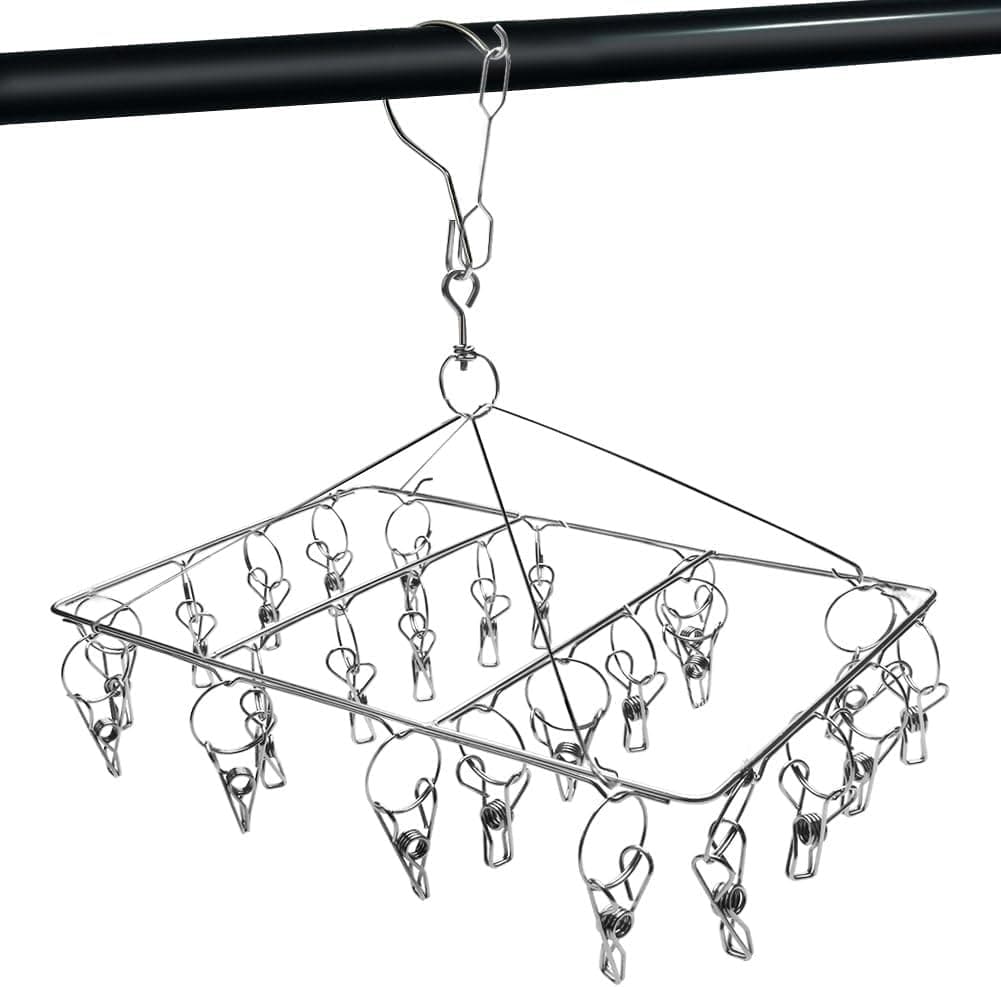XYUXWLG Sock Hanging with 24 Pegs Stainless Steel Sock Hanger Drying Rack with Swivel Hook Windproof Laundry Hanger for Socks Underwear Baby Clothes and Hats 1PCS
