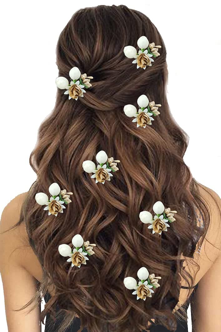 Hair Flare Artificial Small Rose Flower with Mogra Hair Pin/Bridal Wedding Hair Accessories/Hair Clip/Juda Pins for Women and Girls- Golden, 2228, Pak of 8 pins