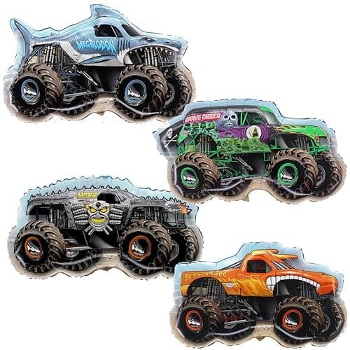 Toyland Pack Of 4 Monster Jam Truck Foil Balloons Grave Digger El Toro Loco Max D Megalodon Shaped Character Balloons