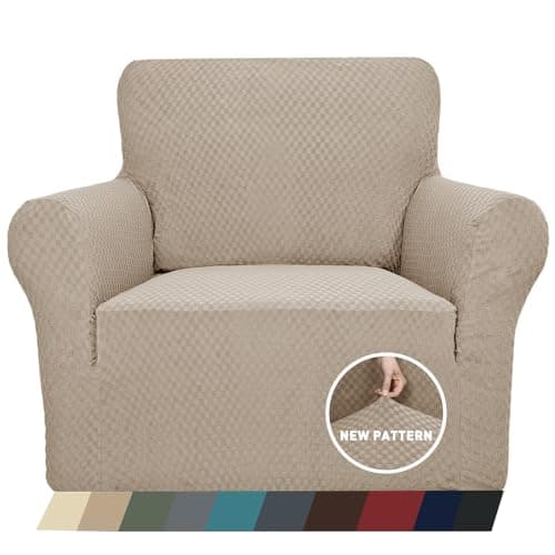 ZNSAYOTX 1 Piece Jacquard Chair Slipcovers for Living Room High Stretch Chair Covers with Arms Anti Slip Pets Friendly Couch Sofa Armchair Cover Furniture Protector Chair Khaki