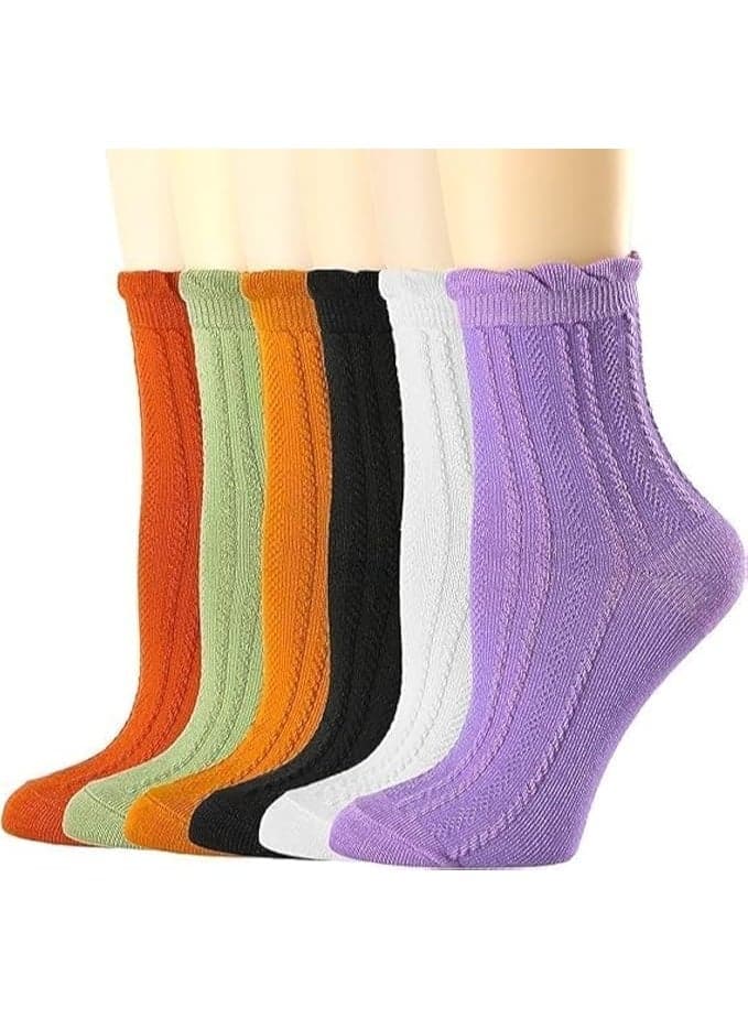 6 Pairs Women’s Ruffle Ankle Socks, Soft Cotton Frilly Lettuce Edge Low Socks, Breathable Casual Knit Socks, Cute Crew Socks for Size 5-9, Multicolor