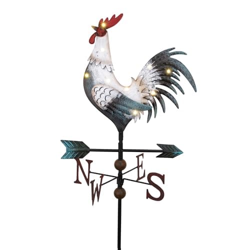 TERESAS COLLECTIONS Garden Decor with Solar Outdoor Lights White Rooster Yard Art Sign for Outside 394 Metal Weathervane Decorative Garden Stake for Outdoor Decor Lawn Gifts for Fathers Day