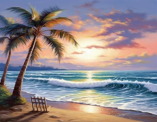 eovv 5D Diamond Painting Kit for Adults Tropical Beach Sunset with Palm Trees Round Drill 12x16in Square Drill