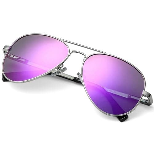 HJSTES Polarized Aviator Sunglasses for Women Men Classic Metal Shades Mirror Lens 100% UV Blocking, 58mm(Silver Frame/Purple Mirrored)